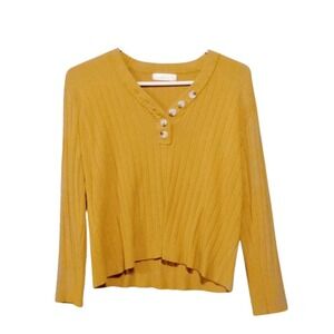 Fekesi Mustard Yellow Ribbed Henley Sweater Size L Button Neck